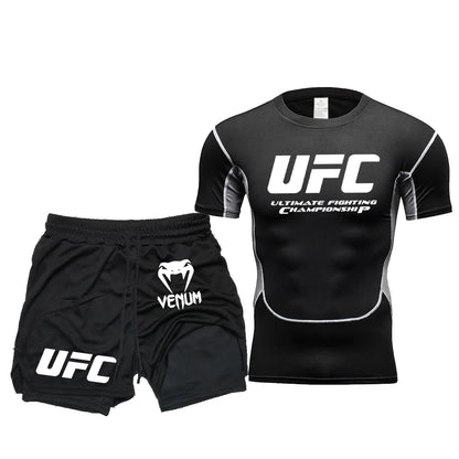 Summer Outdoor Sports Fitness Short Sleeve Street Jogging Top Set UFC Men's New Fighting Tight Elastic T-shirt Pants Set
