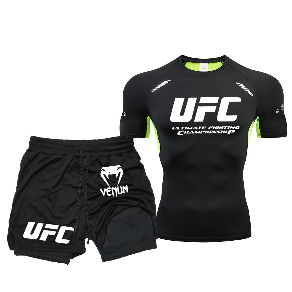 Summer Outdoor Sports Fitness Short Sleeve Street Jogging Top Set UFC Men's New Fighting Tight Elastic T-shirt Pants Set