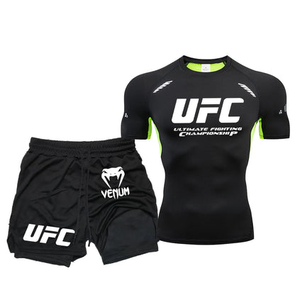 Summer Outdoor Sports Fitness Short Sleeve Street Jogging Top Set UFC Men's New Fighting Tight Elastic T-shirt Pants Set