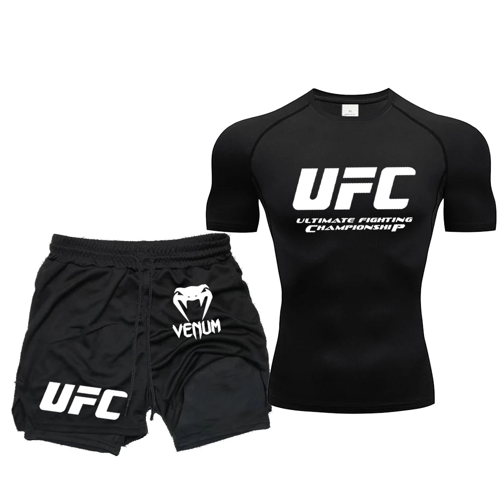 Summer Outdoor Sports Fitness Short Sleeve Street Jogging Top Set UFC Men's New Fighting Tight Elastic T-shirt Pants Set