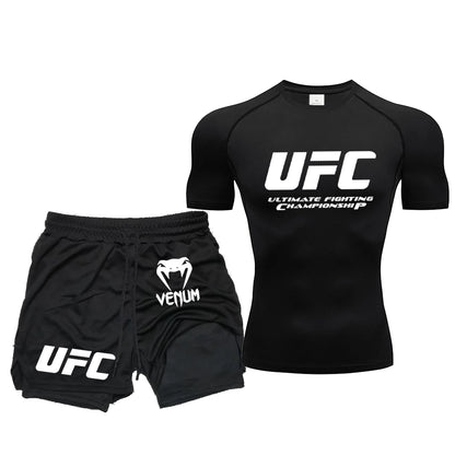 Summer Outdoor Sports Fitness Short Sleeve Street Jogging Top Set UFC Men's New Fighting Tight Elastic T-shirt Pants Set