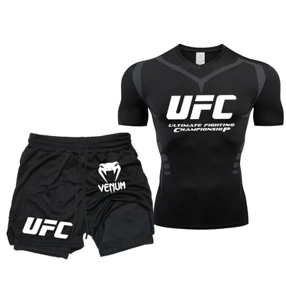 Summer Outdoor Sports Fitness Short Sleeve Street Jogging Top Set UFC Men's New Fighting Tight Elastic T-shirt Pants Set