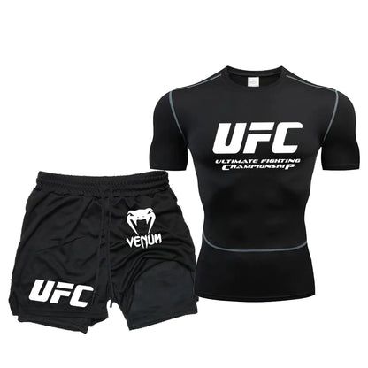 Summer Outdoor Sports Fitness Short Sleeve Street Jogging Top Set UFC Men's New Fighting Tight Elastic T-shirt Pants Set