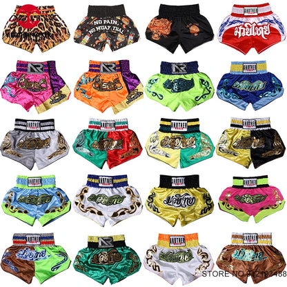 Muay Thai Shorts Kids Adults Thailand Embroidery Kickboxing Fight Kick Boxing Pants Martial Arts Grappling Sparring Uniform